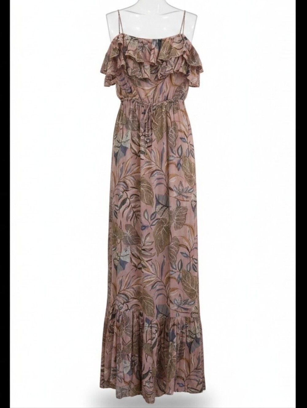 Pink Tropical Open Back Maxi Dress Ruffle Boho Resort Large NWT